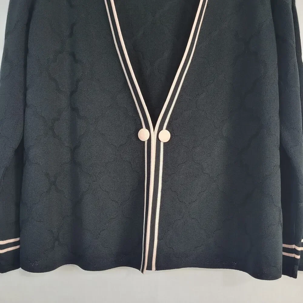 Ming Wang Double Striped Hem Cardigan women's size L Black Pink Preppy Old Money